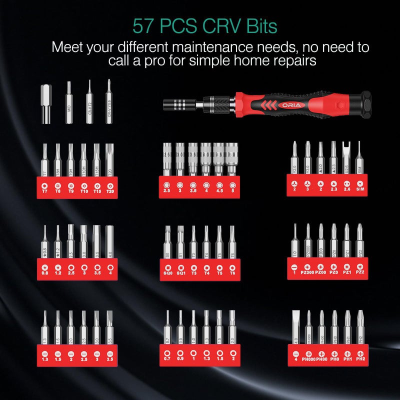 ORIA Precision Screwdriver Kit, Mini Screwdriver Set, 61 in 1 with 57 Bits Repair Tools with Flexible Shaft, Extension Rod for Mobile Phone, Smartphone, Tablet, PC, Red - Image 5